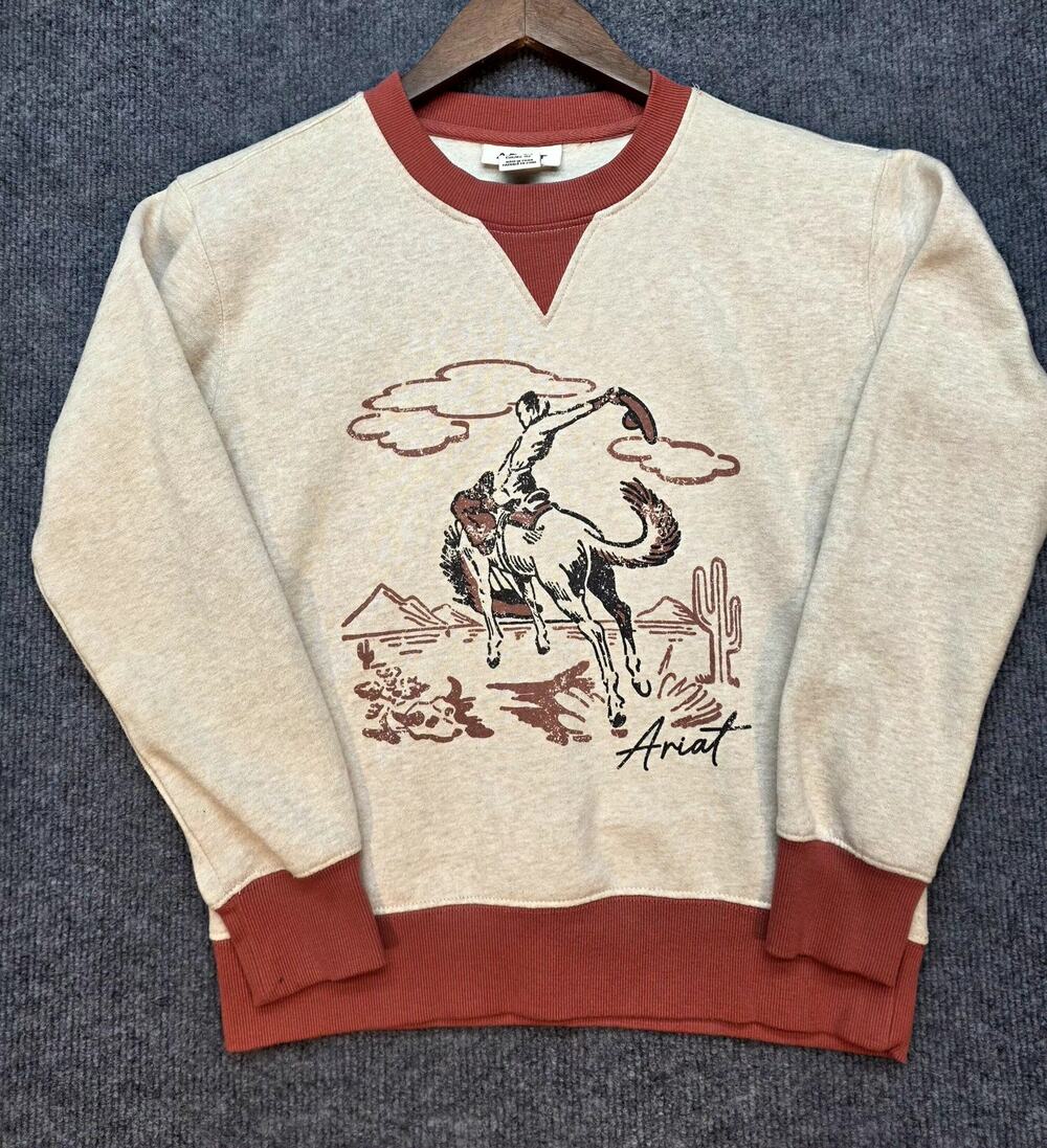 Ariat Youth Large L/12 Bronc Sweatshirt Western Cowboy Oatmeal Marsala Rodeo